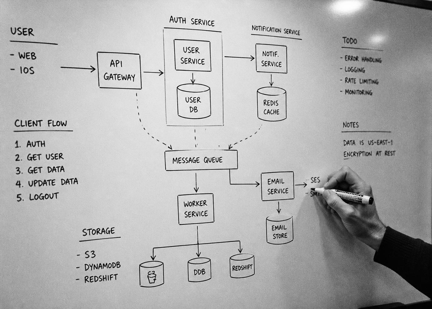 Whiteboard covered with a hand-drawn service architecture diagram showing gateways, queues and data stores