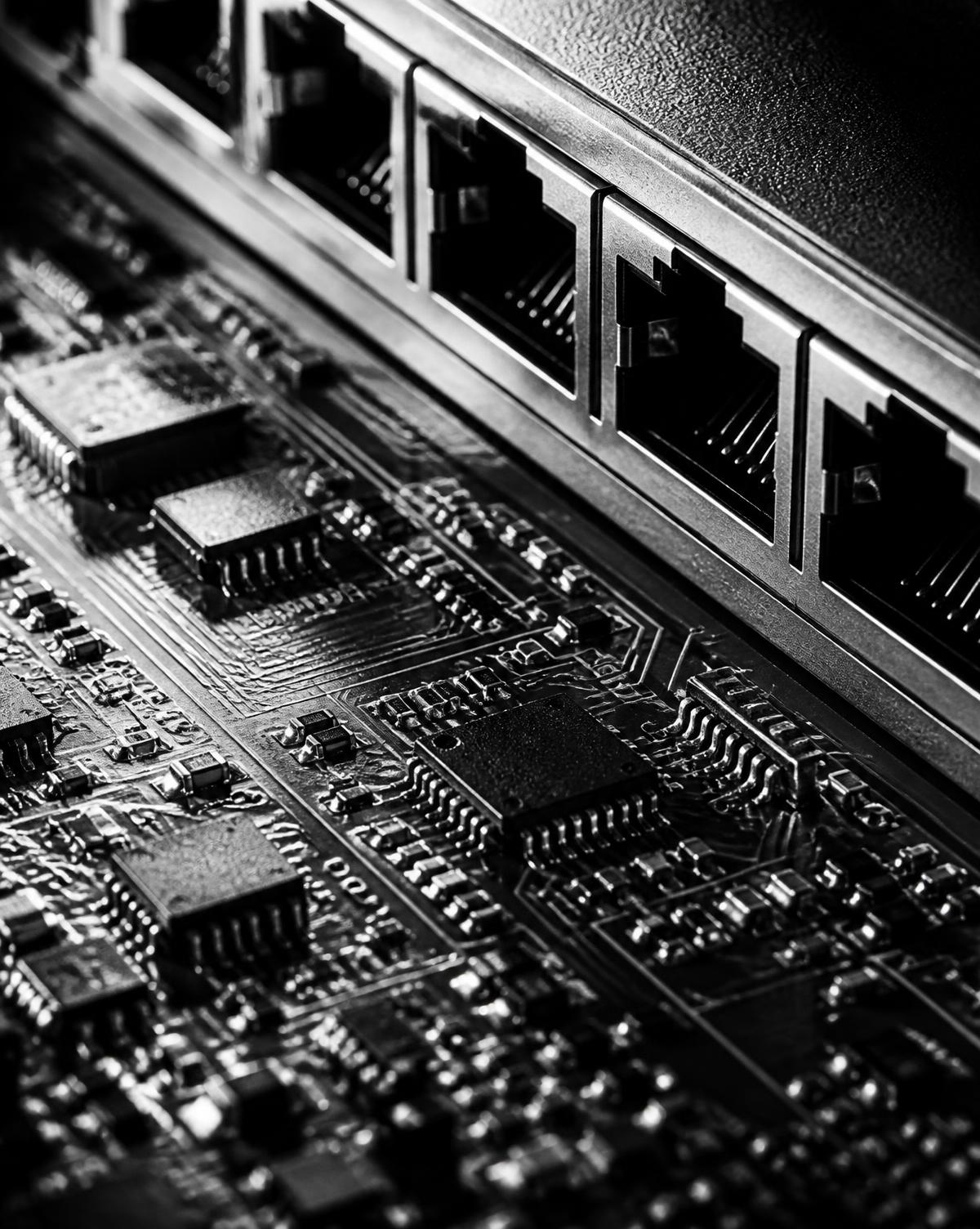 Close-up of a network switch circuit board with Ethernet ports and surface-mounted components