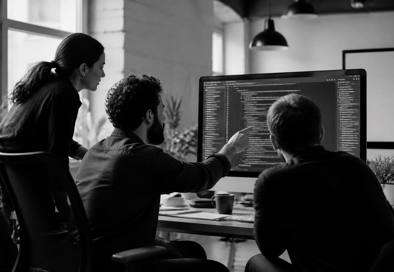 Three software engineers reviewing source code together on a large monitor in a studio office